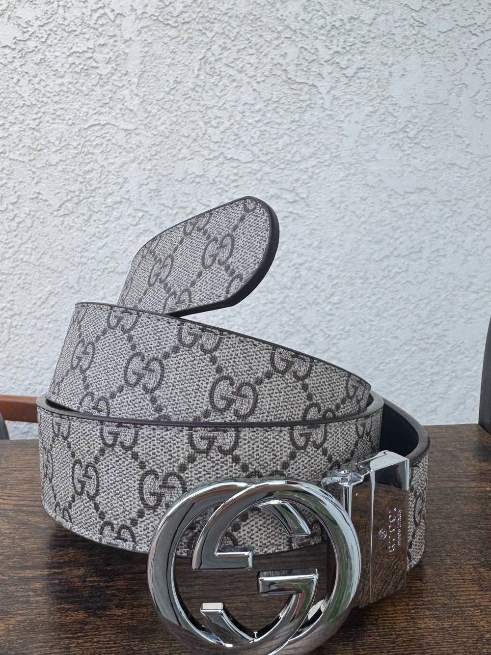 Designer Monogram Men’s Belt in Beige with Silver Buckle